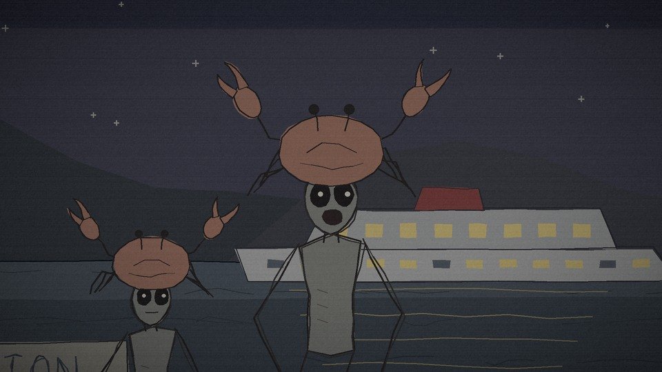 Crab Man and the Crab Child on the Picton wharf before dawn, the ferry lit up behind them