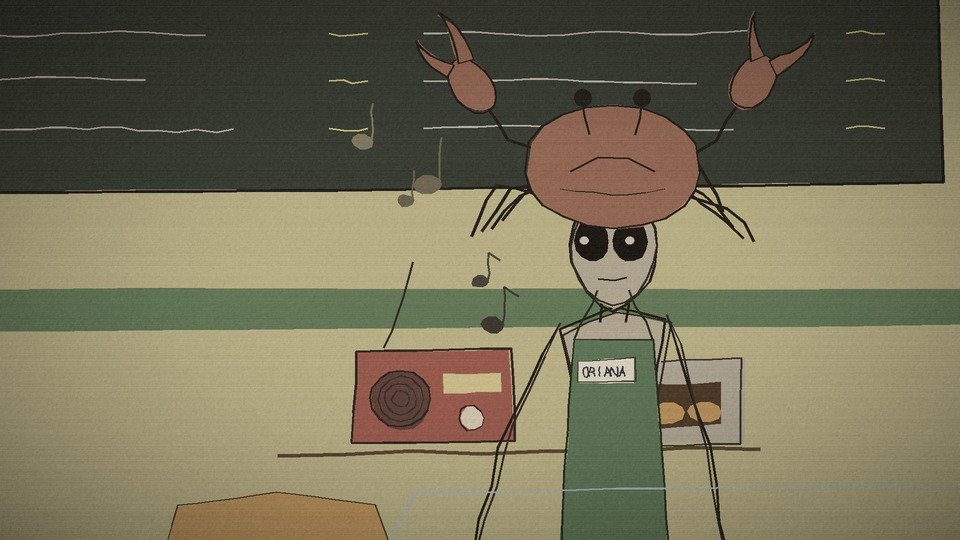 Oriana as a crab person behind the sandwich counter, her radio playing