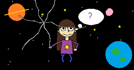 Oriana floating in space, thinking, and the picture starting to crack