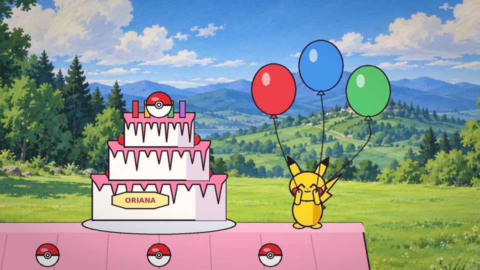 Pikachu on the party table holding three balloons next to a three-tier cake with Oriana's name on it