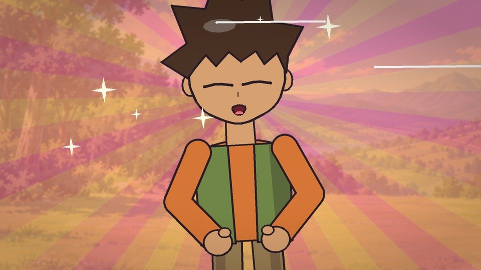 Brock giving a dramatic speech in front of a glowing sunset burst