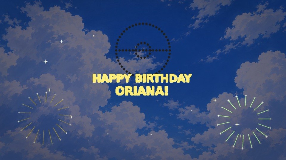 Fireworks over the evening sky spelling HAPPY BIRTHDAY ORIANA