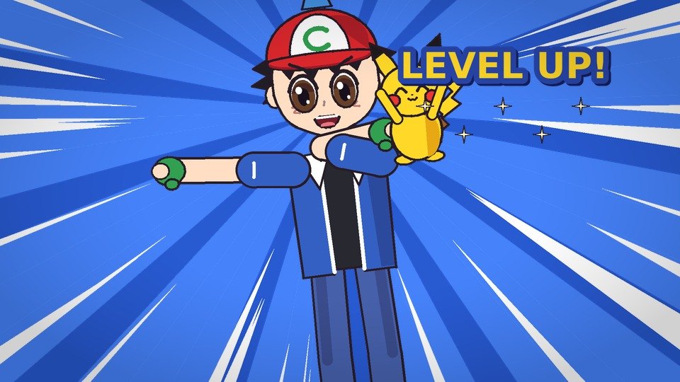 Ash pointing, with Pikachu on his shoulder and the words LEVEL UP