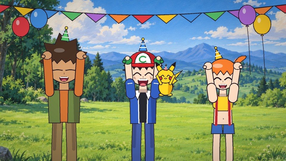 Ash, Misty and Brock in party hats, arms up, shouting happy birthday